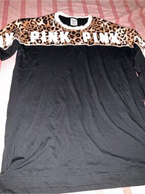 PINK Victoria's Secret Black Crewneck with Leopard Panel